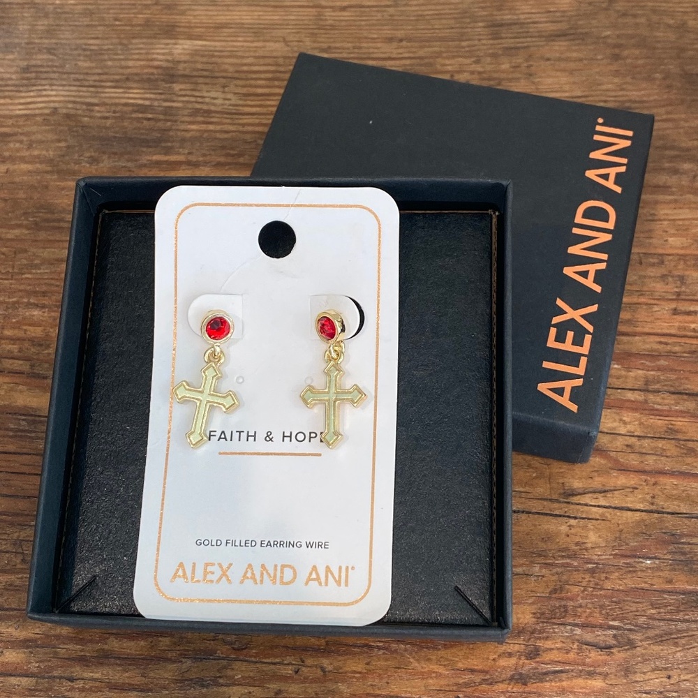 NWT Alex & Ani gold cross earrings with red crystal accent
